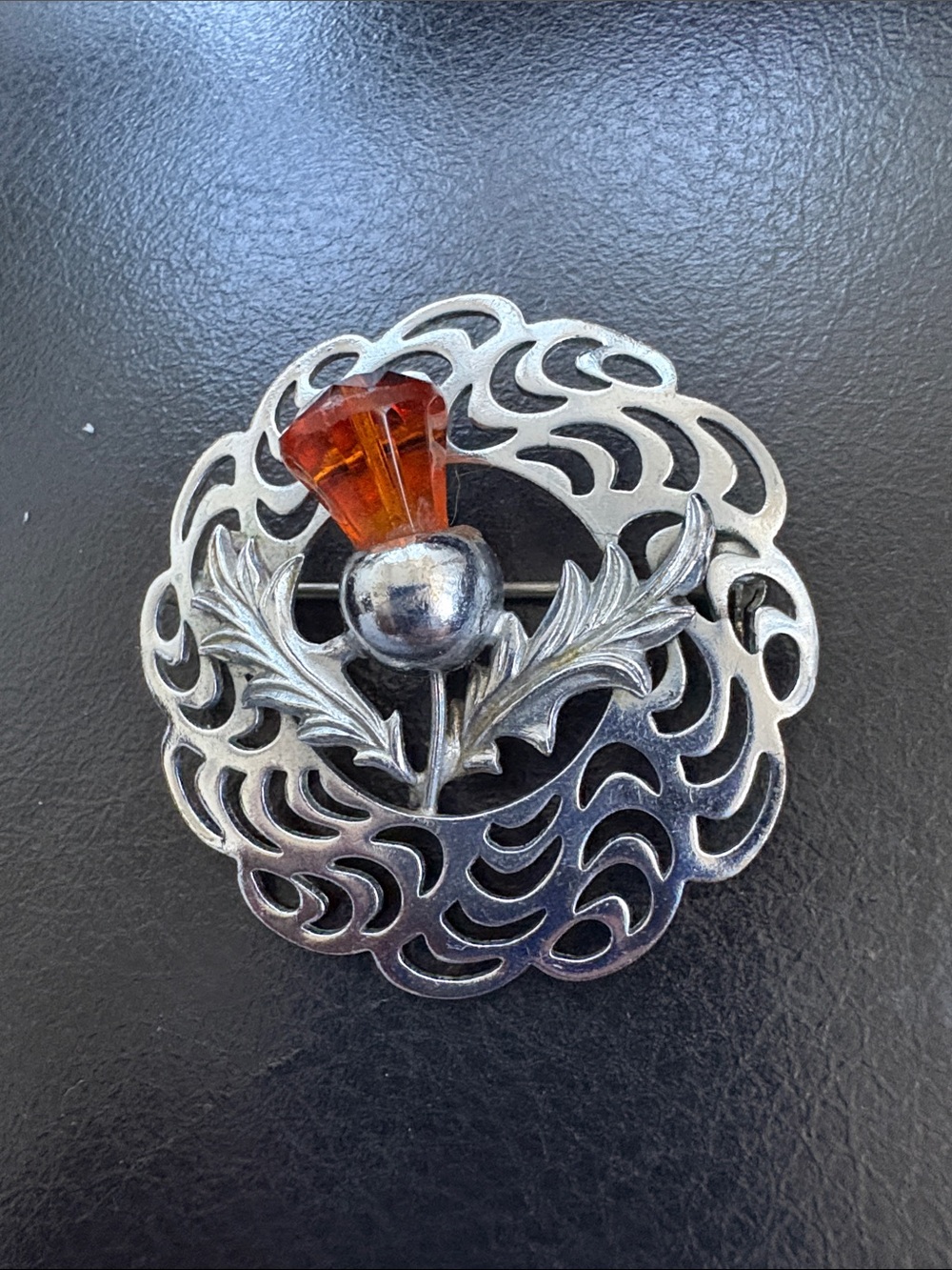 Vintage Mizpah Thistle Brooch with Citrine Glass Crystal . Silver Plated